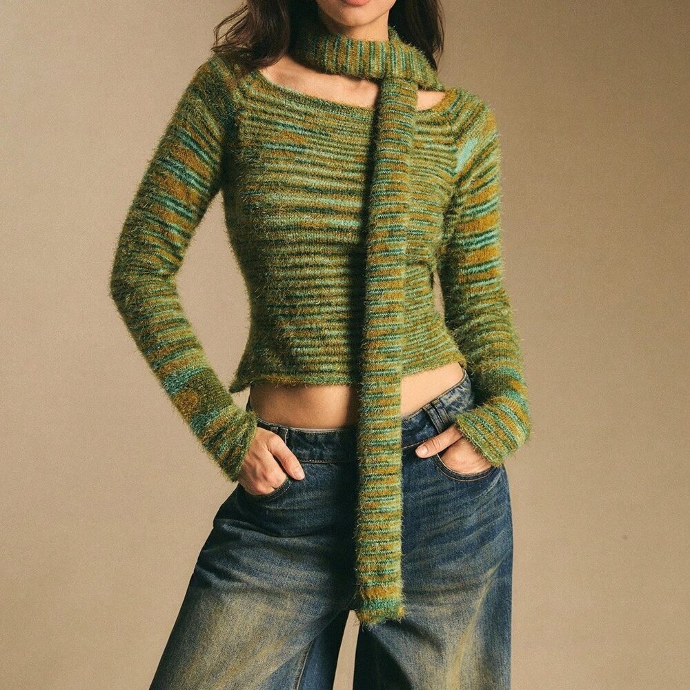 Green Casual Women Y2k Elastic Colorblock Sweater - Picture 6 of 7